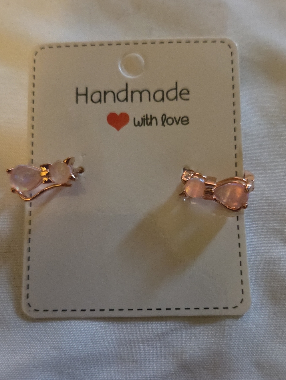 Handmade Pink Cat Drop Earrings with RoseGold-Tone Trim